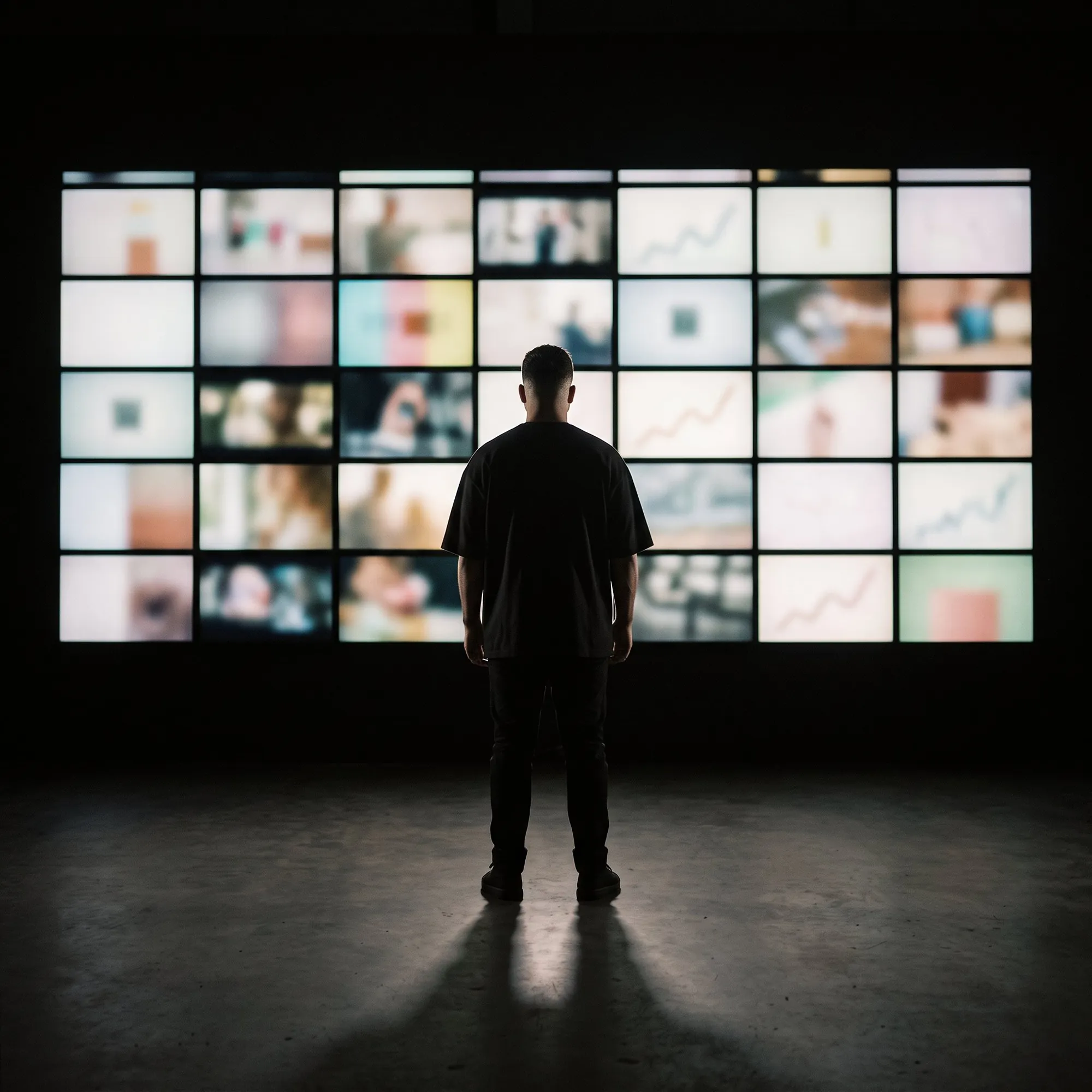A man standing back from a large wall of glowing screens in a dark room, back to camera.