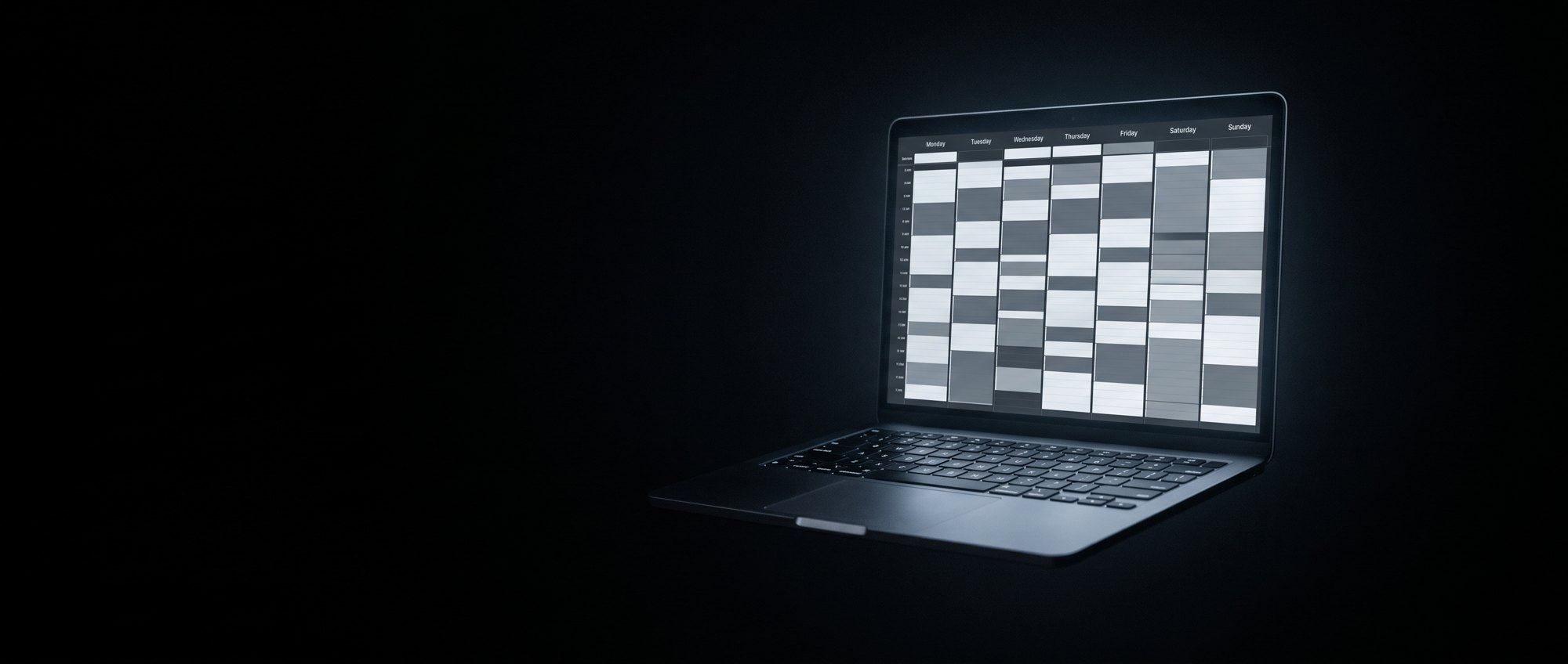 A laptop in the dark showing a week fully booked.