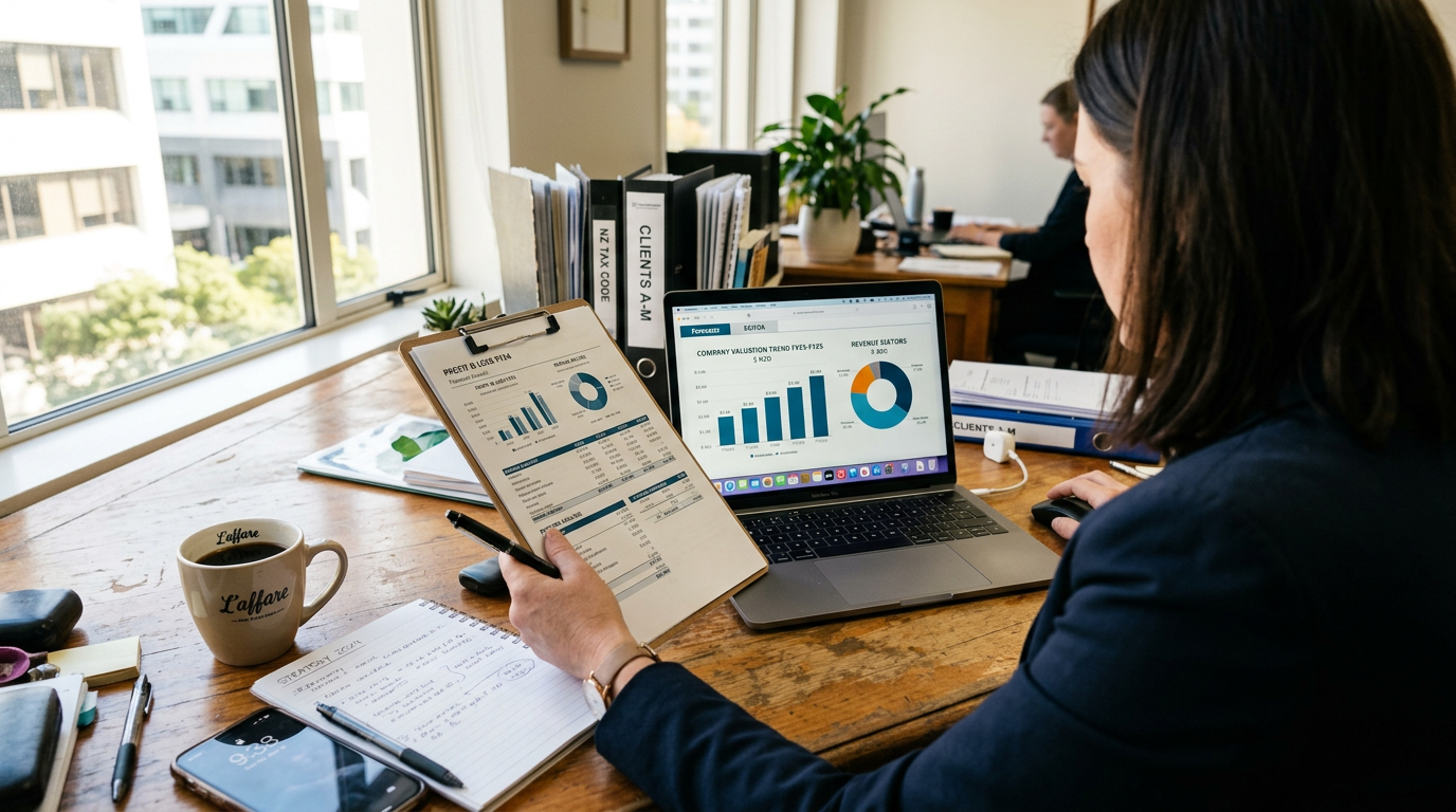 Business owner reviewing valuation reports and laptop dashboards on a wooden desk — increase business valuation NZ