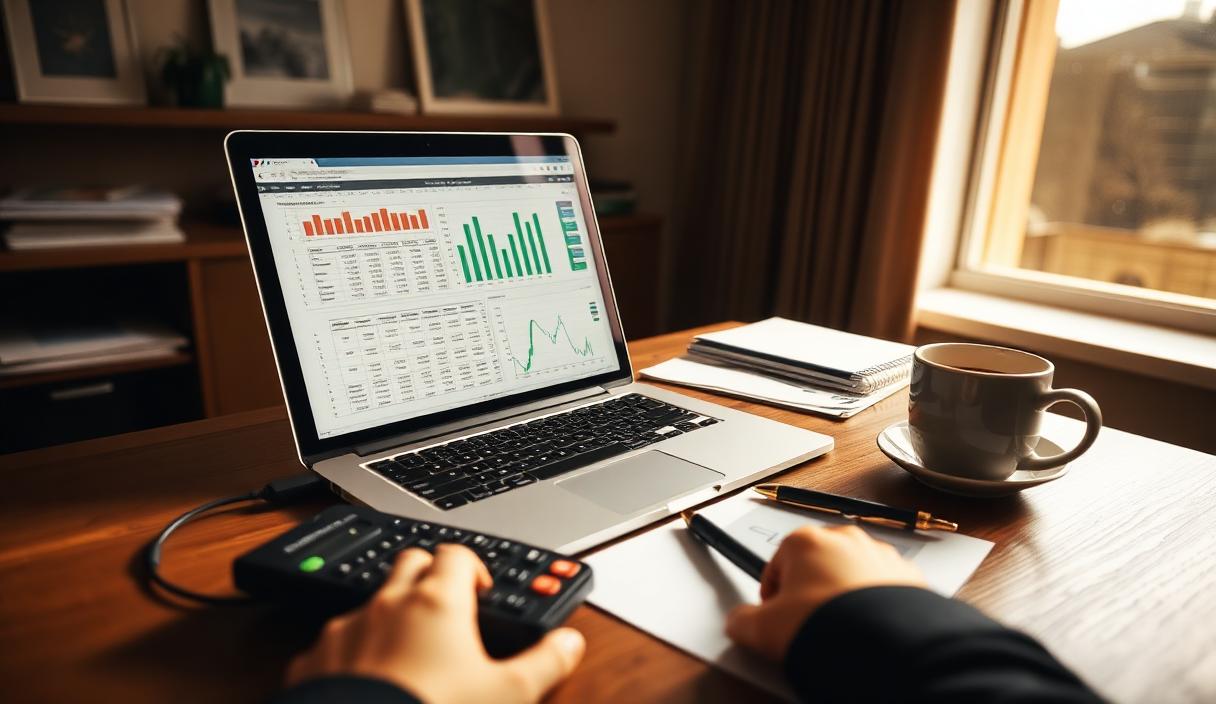 Accountant at a clean desk with two monitors showing Xero and email marketing dashboard — marketing for NZ accountants